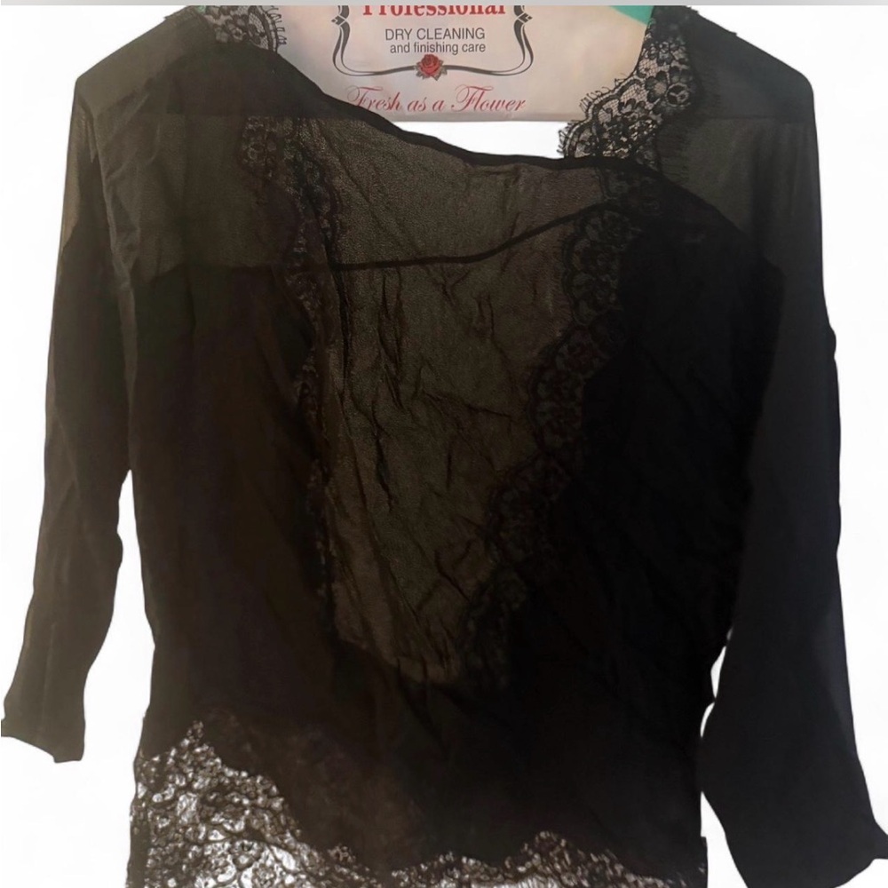 Sandro Black Lace-Trim Sheer Blouse